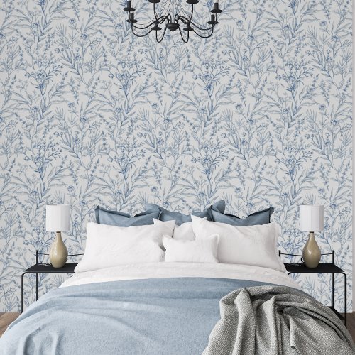 Blue and White French Floral  Wallpaper