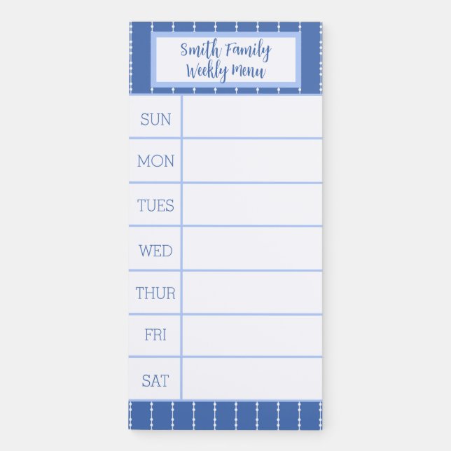 Blue and White French Pinstripe Weekly Menu Magnetic Notepad (Front)