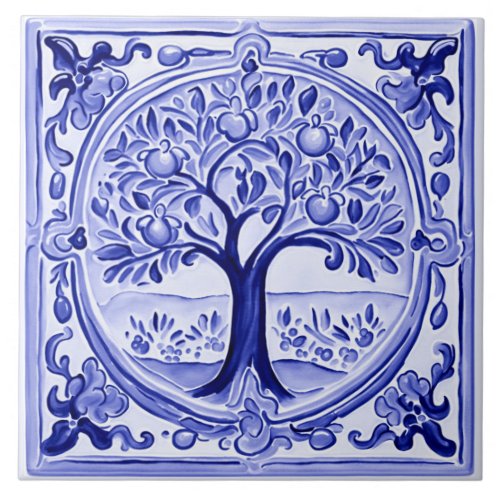 Blue and White Fruit Tree Mediterranean Folk Art Ceramic Tile