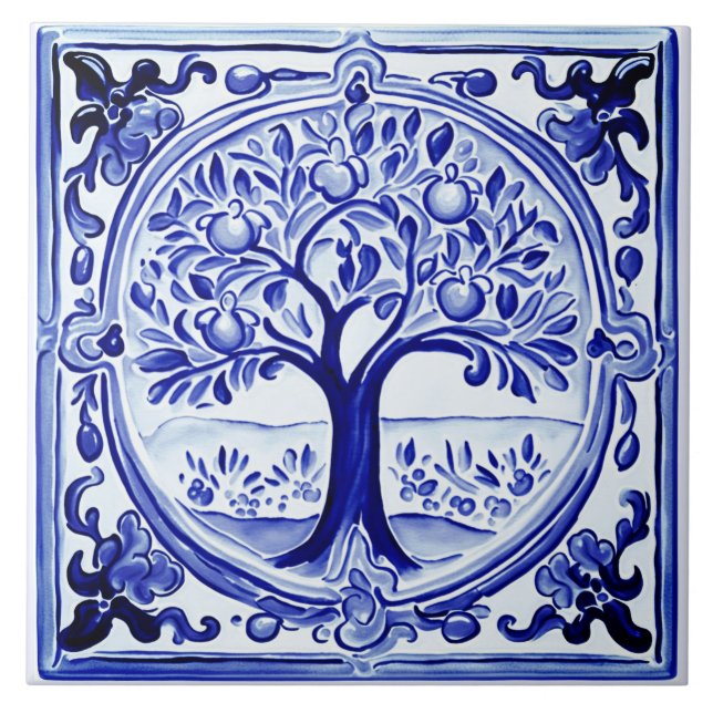Blue and White Fruit Tree Mediterranean Folk Art Ceramic Tile (Front)