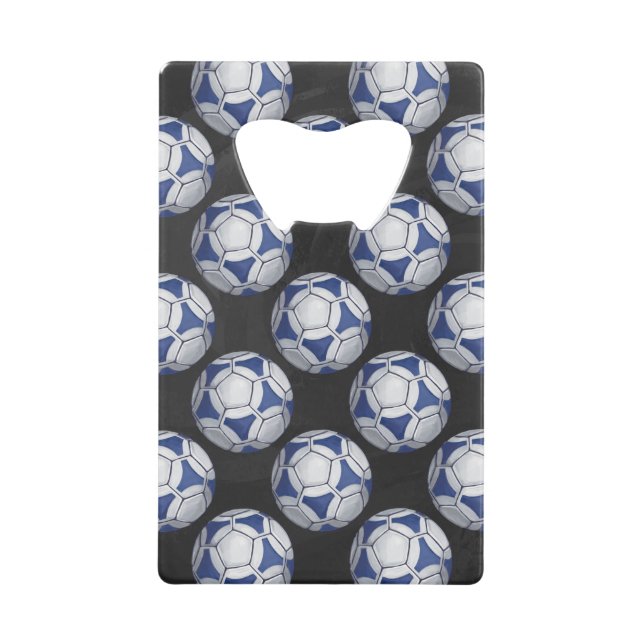 Blue and White Futbal Pattern Credit Card Bottle Opener (Front)
