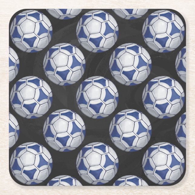 Blue and White Futbal Pattern Square Paper Coaster (Front)