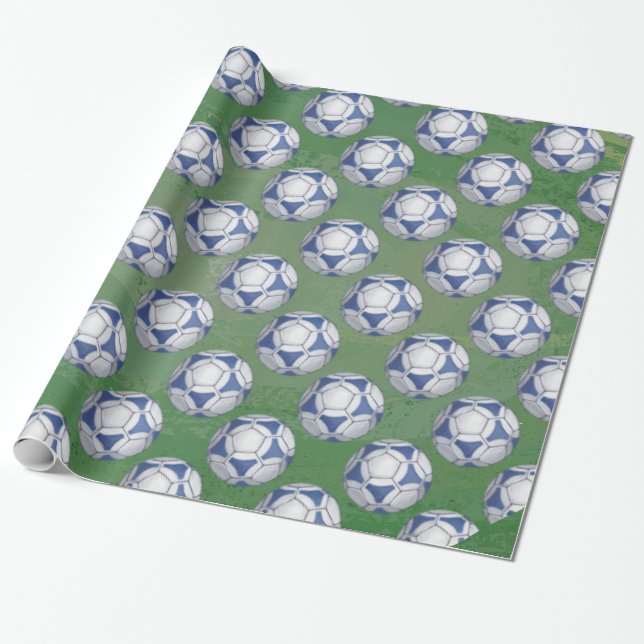 Blue and White Futbal Pattern Wrapping Paper (Unrolled)