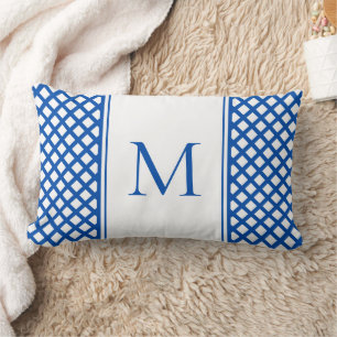 Blue and White Garden Trellis Monogram Lumbar Pillow