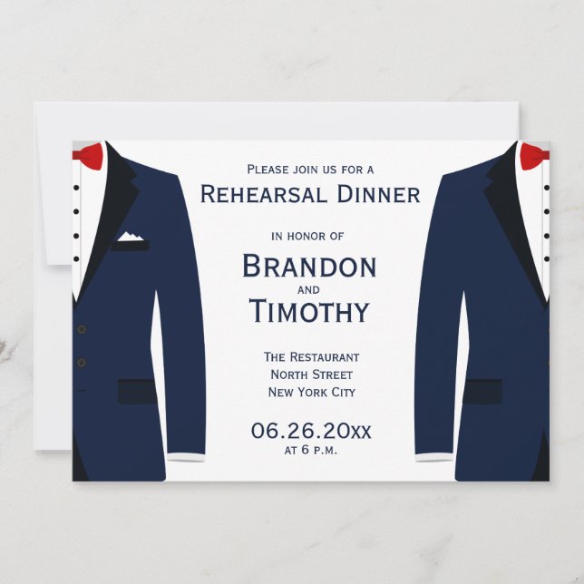 Blue And White Gay Wedding Rehearsal Invitations (Front)