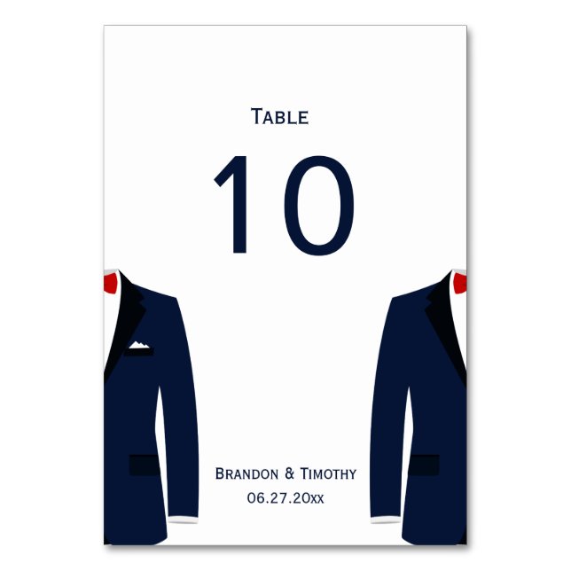 Blue And White Gay Wedding Table Numbers Cards (Front)