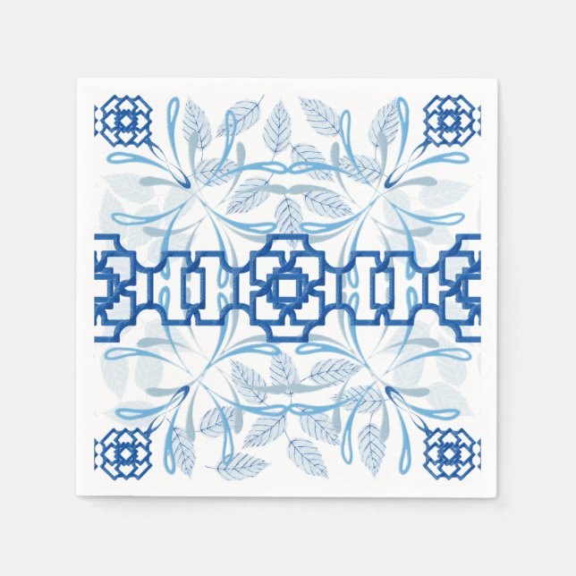 Blue and White Geometric Floral Chinoiserie Napkins (Front)