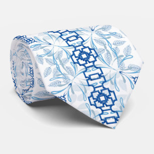 Blue and White Geometric Floral Chinoiserie Neck Tie