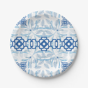 Blue and White Geometric Floral Chinoiserie Paper Plates