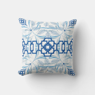 Blue and White Geometric Floral Chinoiserie Throw Pillow