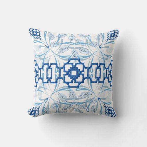 Blue and White Geometric Floral Chinoiserie Throw Pillow