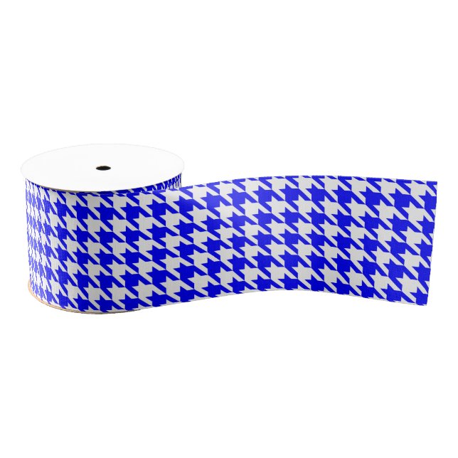 Blue and White Geometric Houndstooth Pattern Grosgrain Ribbon (Spool)
