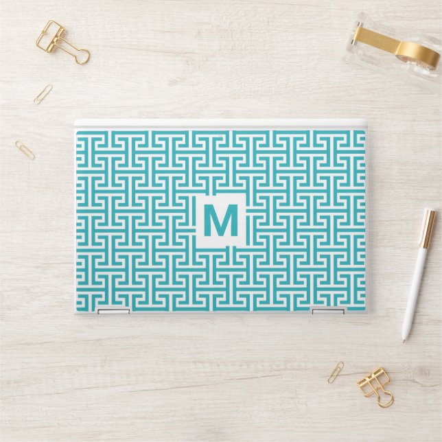 Blue and White Geometric Pattern Monogram HP Laptop Skin (Desk)