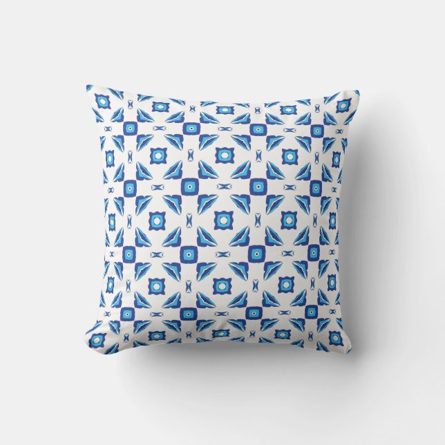 Blue and white geometric pattern  throw pillow (Front)