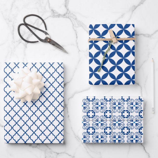 Blue and White Geometric Pattern  Wrapping Paper Sheets (Front)