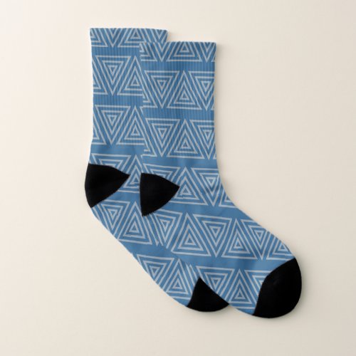 Blue and white geometrical triangular pattern socks