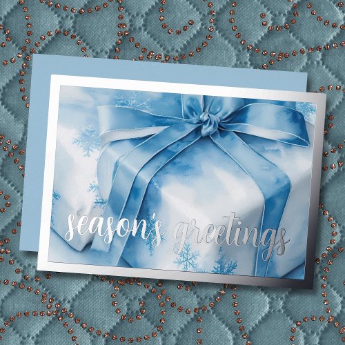 Blue and White Gift Seaons Greetings Foil Holiday Card