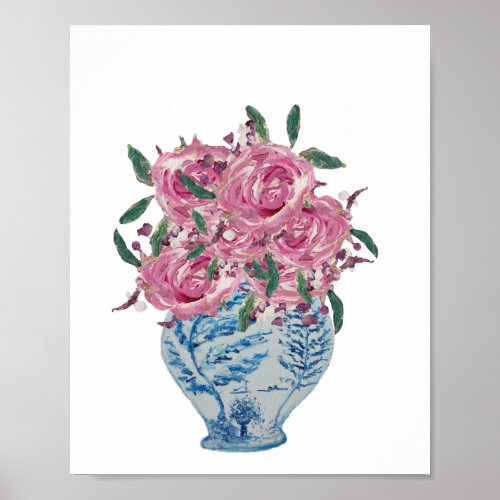 Blue and White Ginger Jar Pink Roses Art Print