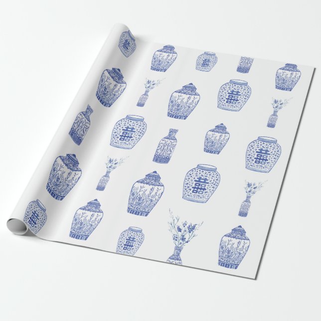 Blue and White Ginger Jar Wrapping Paper (Unrolled)