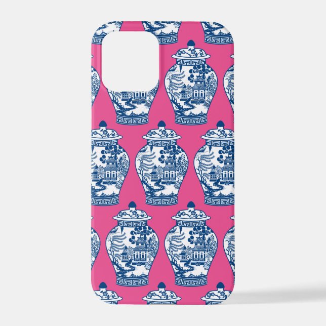 Blue and White Ginger Jars on Bright Pink iPhone Case (Back)