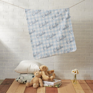 Blue And White Gingham Check Boy Personalized Name Baby Blanket