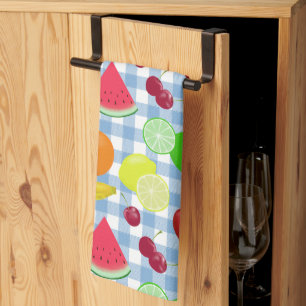 Blue and White Gingham Check Fruits Kitchen Towel