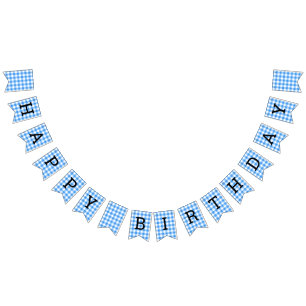 Blue And White Gingham Check Happy Birthday Bunting Flags