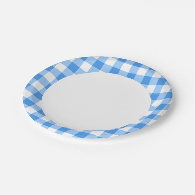 Blue And White Gingham Check Pattern Paper Plates (Angled)