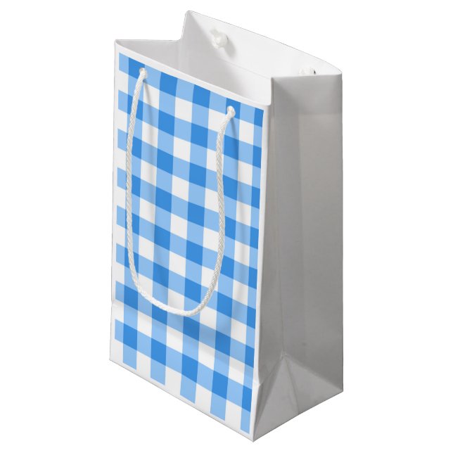 Blue And White Gingham Check Pattern Small Gift Bag (Front Angled)