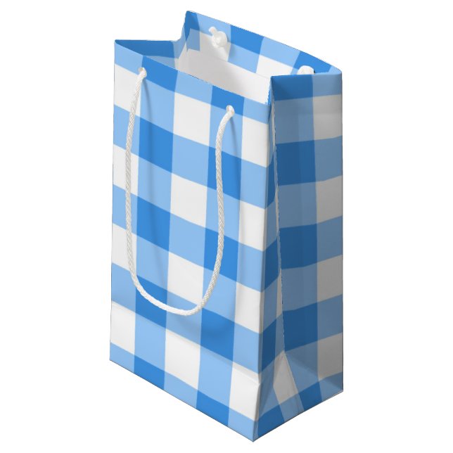 Blue And White Gingham Check Pattern Small Gift Bag (Front Angled)