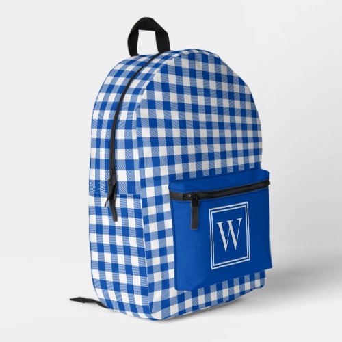 Blue and White Gingham Check Plaid Monogram Printed Backpack