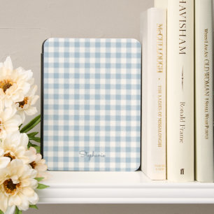 Blue And White Gingham Checkered Plaid Custom Name Kindle Cover