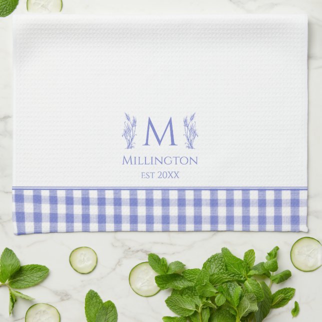 Blue and White Gingham Customized Custom Name Kitchen Towel (Folded)