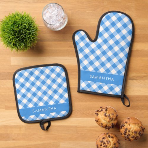 Blue And White Gingham Farmhouse Personalized Oven Mitt  Pot Holder Set