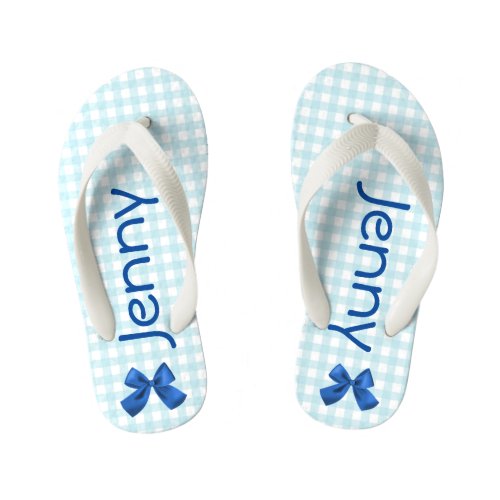 Blue and White Gingham Girls Flip Flops