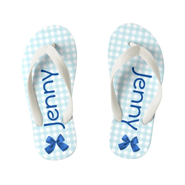 Blue and White Gingham Girls Flip Flops (Footbed)