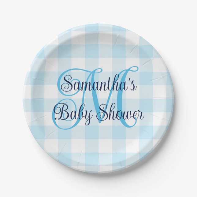 Blue and White Gingham Monogram Baby Shower Paper Plates (Front)