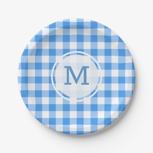 Blue And White Gingham Monogram Paper Plates