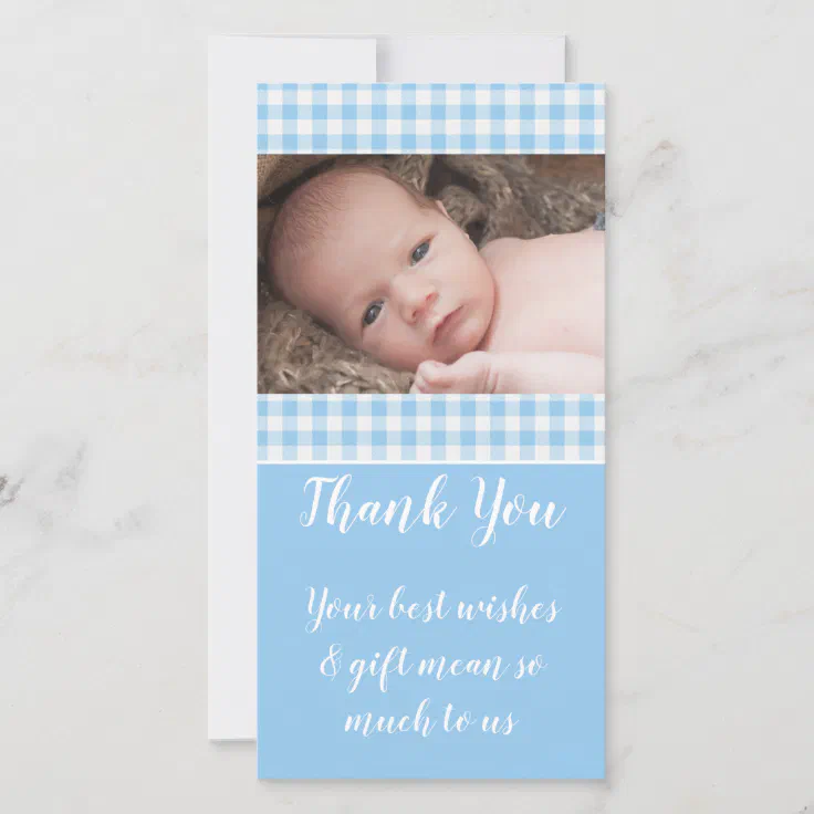 Blue and white gingham new baby thanks photo thank you card Zazzle