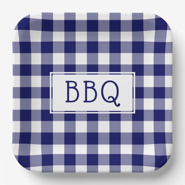 Blue and White Gingham Pattern BBQ Party Paper Plates (Front)