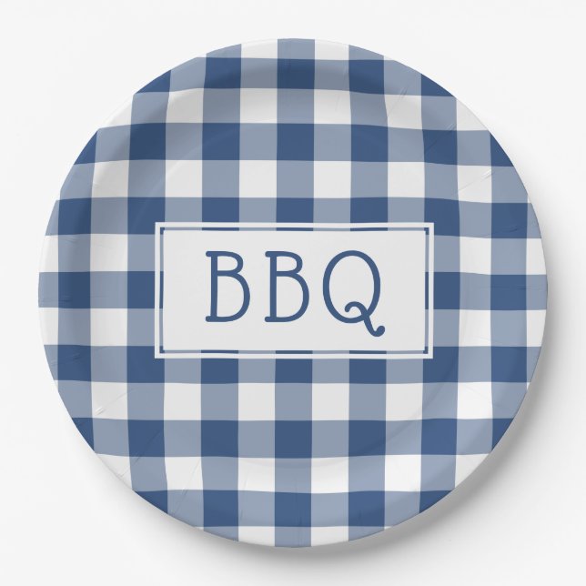 Blue and White Gingham Pattern BBQ Party Paper Plates (Front)