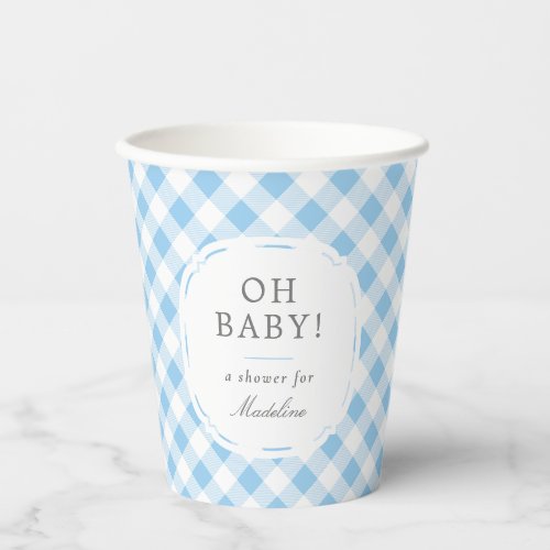 Blue and White Gingham Pattern Oh Baby Boy Shower Paper Cups