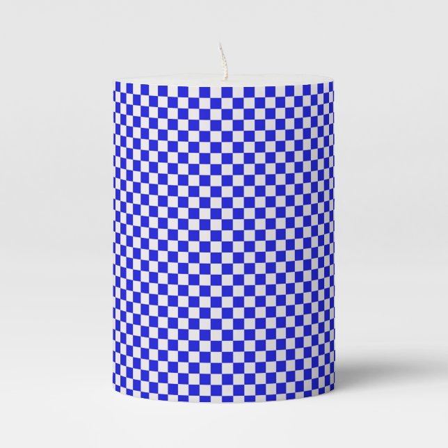 Blue and White Gingham Pillar Candle (Front)