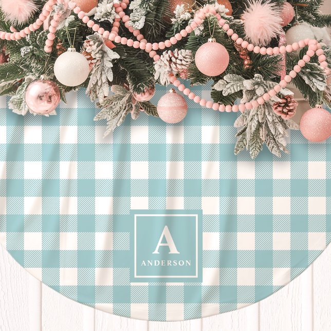 Blue And White Gingham Plaid Monogram Brushed Polyester Tree Skirt (Creator Uploaded)