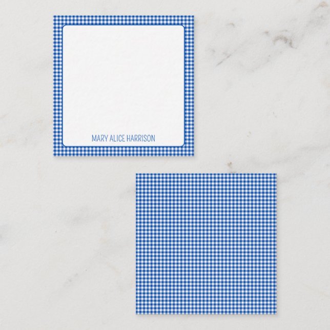 Blue and White Gingham Plaid Monogram Note Card (Front/Back)