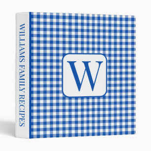 Blue and White Gingham Plaid Monogram Recipe 3 Ring Binder