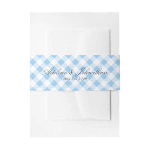 Blue and White Gingham Plaid Name and Date Invitation Belly Band
