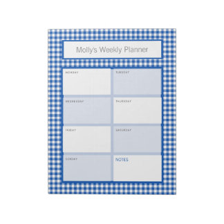 Blue and White Gingham Plaid Personalized Planner Notepad