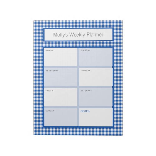 Blue and White Gingham Plaid Personalized Planner Notepad