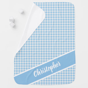 Blue and white gingham plaid with a name baby blanket